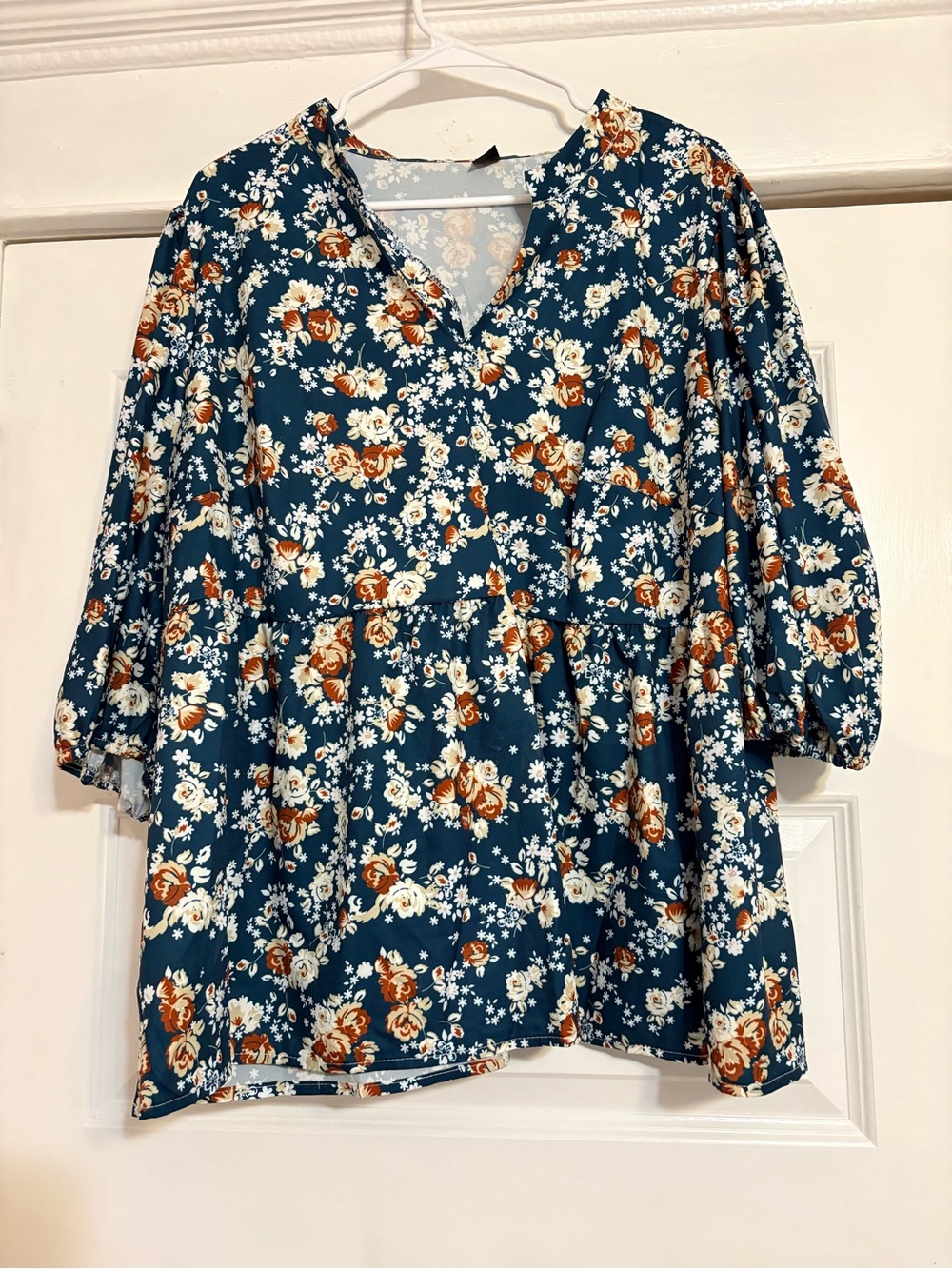SHEIN Teal Floral Peasant Blouse with Rust & White Blossoms